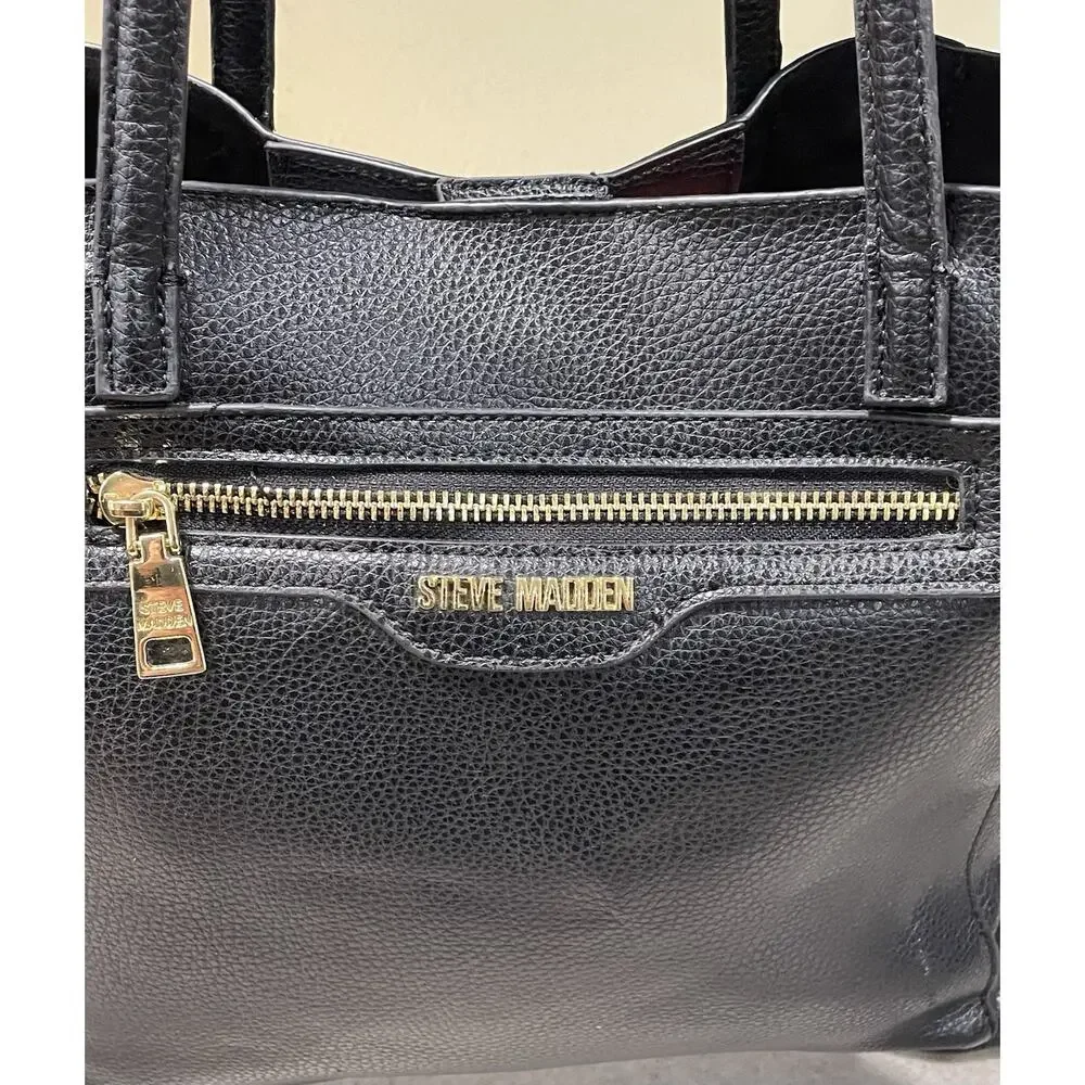 Steve Madden Black Leather Pebbled Tote + Matching Makeup Wristlet-Shoulder Bag